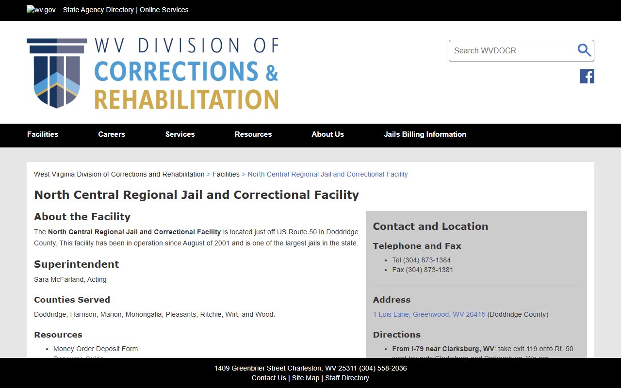North Central Regional Jail and Correctional Facility page for Tyler County inmate lookup