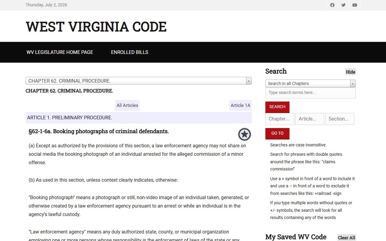 West Virginia Code 62-1-6A booking photo statute for Tyler County jail mugshots