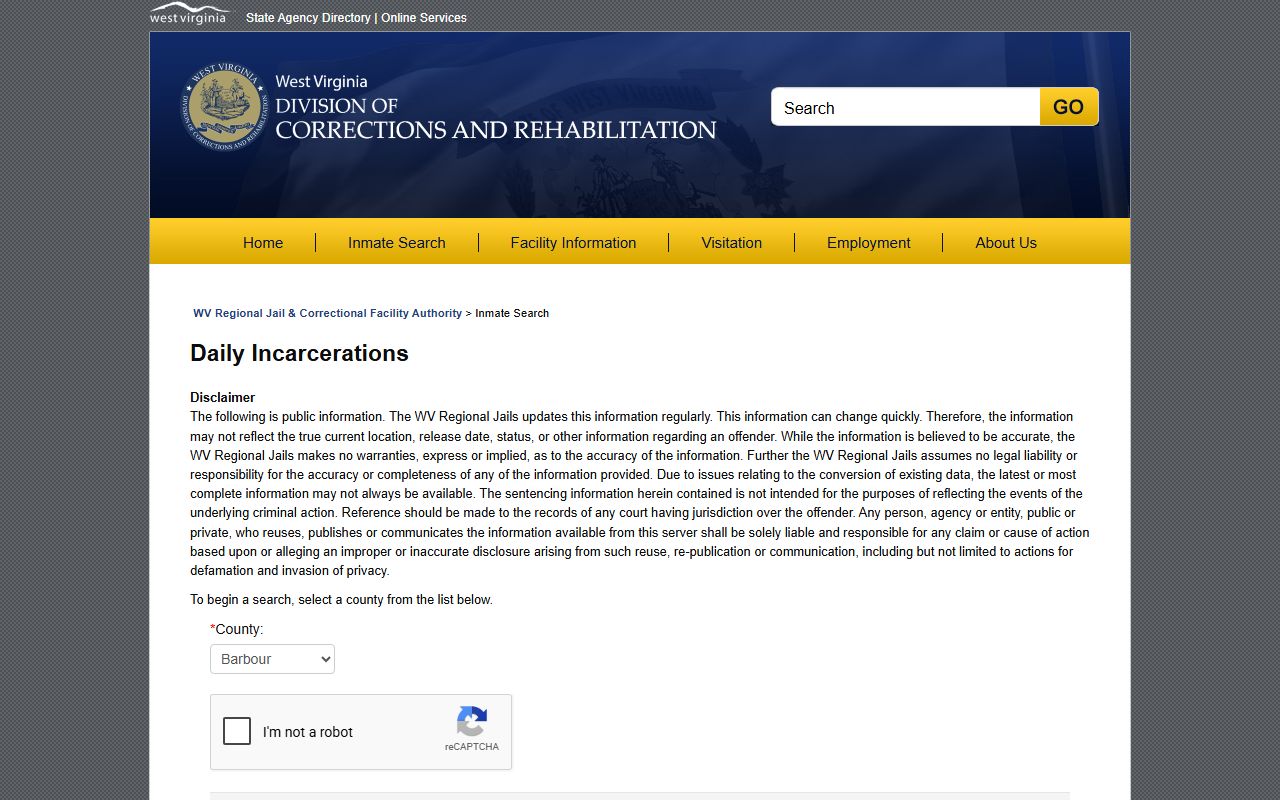 WVDCR Daily Incarcerations lookup for Tyler County jail mugshots and bookings