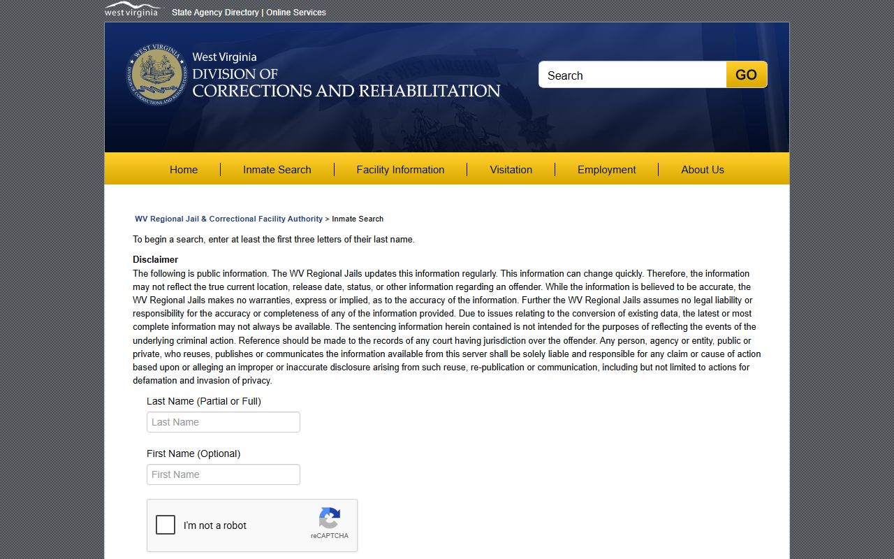 Tyler County inmate records WVDCR offender search form